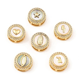 Brass Micro Pave Clear Cubic Zirconia Slide Charms, with Shell, Long-Lasting Plated, Lead Free & Cadmium Free, Real 18K Gold Plated, Flat Round