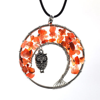 Colliers à pendentif arbre de vie en copeaux de pierres précieuses naturelles et synthétiques mélangées, collier hibou en laiton avec cordes cirées