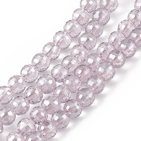 Transparentes perles de verre de galvanoplastie brins, à facettes (96 facettes), ronde, perle plaquée lustre