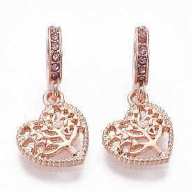 Alloy European Dangle Charms, with Rhinestone and Enamel, Large Hole Pendants, Heart with Tree