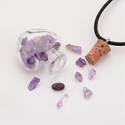 Glass Wishing Bottle Leather Cord Pendant Necklaces, with Natural Gemstone Chip Beads, Heart, 16.54 inch