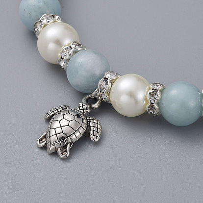 Stretch Charm Bracelets, with Gemstone Beads, Glass Pearl Beads, Zinc Alloy Charms and Brass Rhinestone Spacer Beads, Sea Turtle