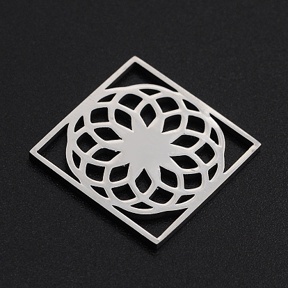 201 Stainless Steel Filigree Joiners Links, Laser Cut, Square with Flower of Life