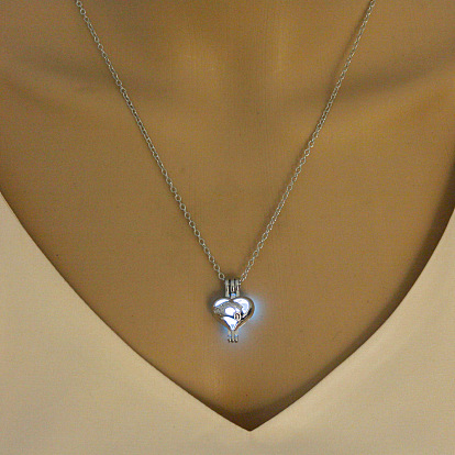 Alliage coeur avec mot maman collier pendentif cage avec perles en plastique lumineuses, bijoux phosphorescents pour la fête des mères