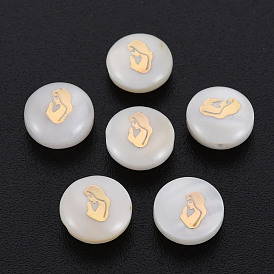 Perles de coquillages naturels d'eau douce, avec des ornements en métal en laiton doré, rond et plat avec une femme