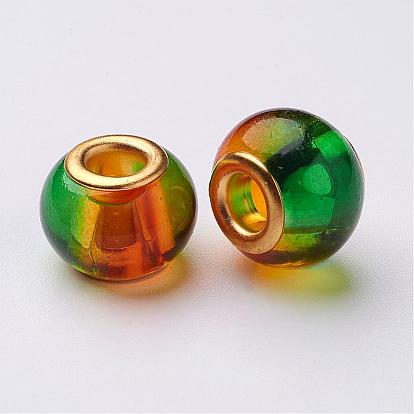 Rocíe dos perlas de vidrio europeos tono pintadas, con núcleos de latón, abalorios de grande agujero, Rondana plana, 15x12 mm, agujero: 5 mm
