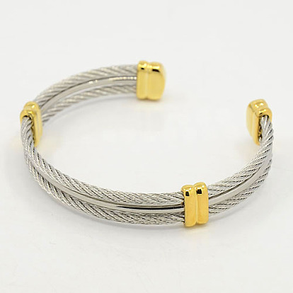 Trendy Men's Torque Bangles, 304 Stainless Steel Rope Cuff Bangles, with Metal Findings, 64x52mm