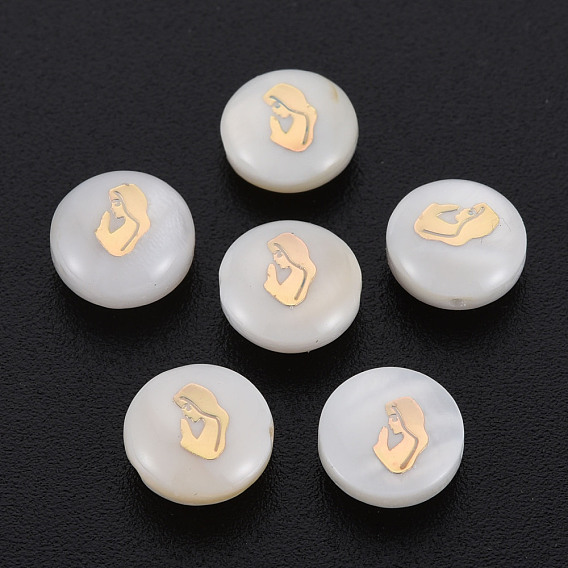 Natural Freshwater Shell Beads, with Golden Plated Brass Metal Embellishments, Flat Round with Woman
