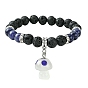 Natural Lava Rock & Cat Eye Round Beaded Stretch Bracelet with Resin Mushroom Charms