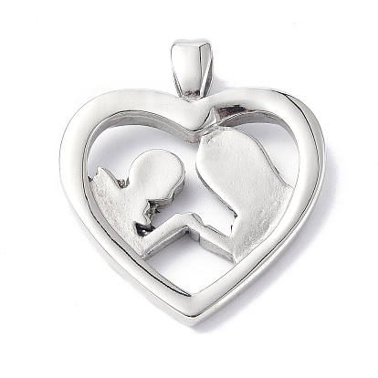 304 Stainless Steel Pendants, Heart with Lovers & Word I Love You Forever Charm