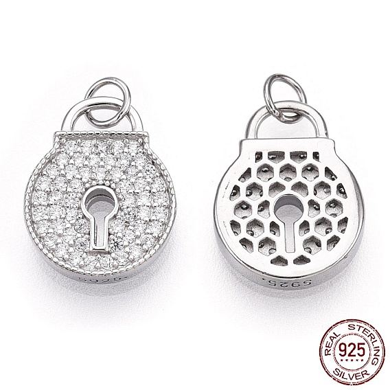 925 Sterling Silver Micro Pave Cubic Zirconia Charms, with Jump Ring, Padlock, Nickel Free