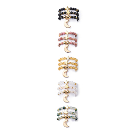 3Pcs 3 Style Gemstone Beaded Stretch Finger Rings Set, Brass Lightning Bolt & Moon & Star Stackable Rings for Women