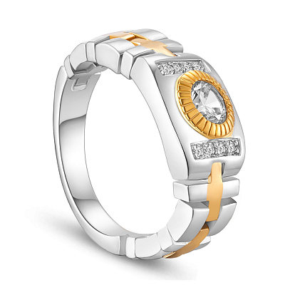 SHEGRACE 925 Sterling Silver Finger Ring, with Watch Chain and Real 18K Gold Plated Round with Two Rows of AAA Cubic Zirconias