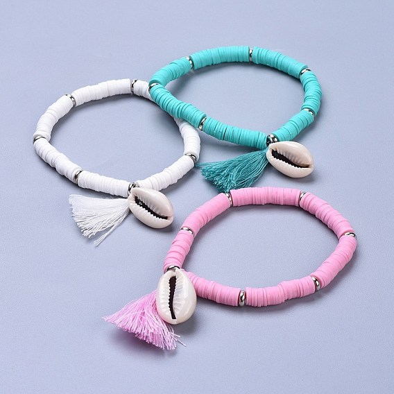 Handmade Polymer Clay Heishi Beads Stretch Bracelets, with Brass Findings, Shell Beads and Cotton Tassel Pendants
