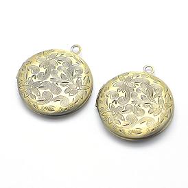 Brass Locket Pendants, Photo Frame Charms for Necklaces, Cadmium Free & Nickel Free & Lead Free, Flat Round with Flower