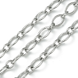 304 Stainless Steel Textured Oval Link Chains, Unwelded, with Spool