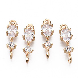 Brass Micro Pave Cubic Zirconia Links Connectors, Long-Lasting Plated, Light Gold, Teardrop