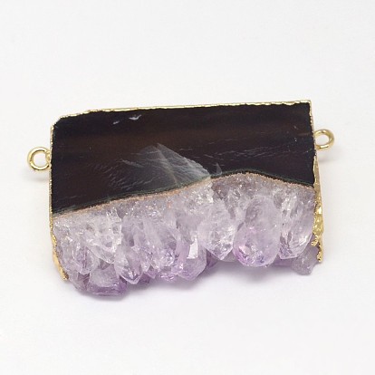 Natural Druzy Amethyst Links Connectors, Rectangle, with Brass Finding