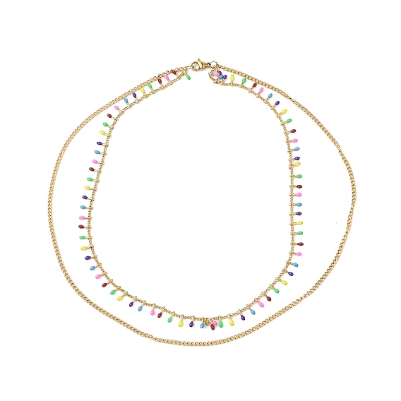Collar de doble capa con dijes ovalados de esmalte colorido, 304 joyería de cadenas de eslabones de acero inoxidable para mujeres