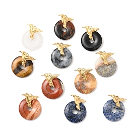 Natural Gemstone Pendants, Donut Charm, with Golden Color Plated 304 Stainless Steel Bird Findings and Jump Rings