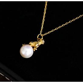 925 Sterling Silver Cat with Natural Pearl Pendant Necklace