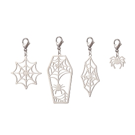 Halloween Theme 201 Stainless Steel Pendant Decorations, with 304 Stainless Steel Lobster Claw Clasps, Spider & Spider Web