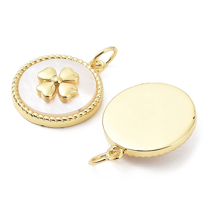 Rack Plating Brass Pendants, Shell Flat Round with Clover Charms, Cadmium Free & Lead Free