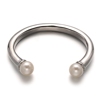 316 Surgical Stainless Steel Cuff Bangles, with Imitation Acrylic Pearl Beads, 45x59mm