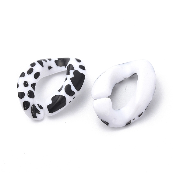 Anneaux liant acrylique, connecteur de liaison rapide, pour la fabrication de gourmettes, ovale torsadée, blanc et noir, motif vache/zèbre