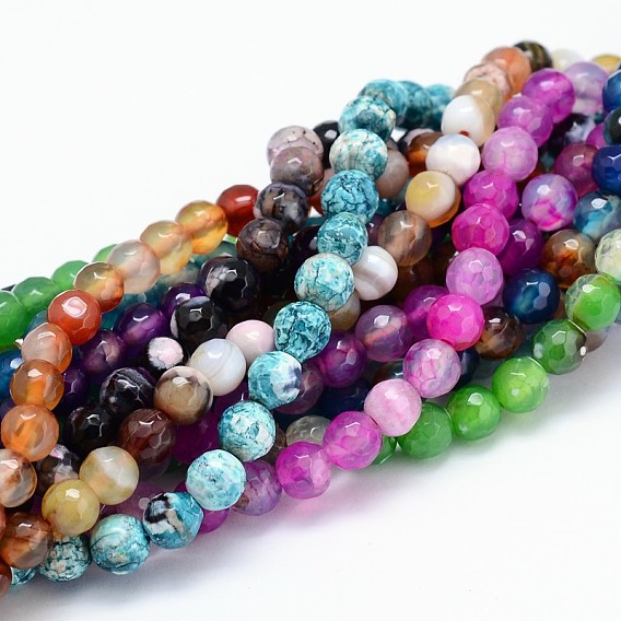 Dyed Natural Agate Faceted Round Beads Strands, 6mm, Hole: 1mm, 14.5 inch , about 63pcs/strand, 14.5 inch