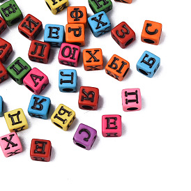 Opaque Acrylic Beads, Cube with Black Letter