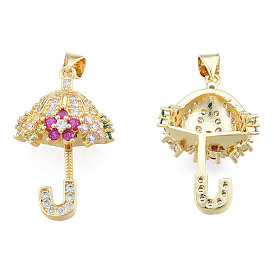 Brass Micro Pave Colorful Cubic Zirconia Pendants, with Brass Snap on Bails, Nickel Free, Umbrella