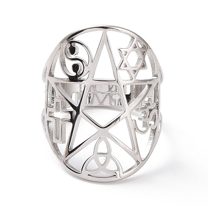 Étoile avec noeud de marin & corss & bague réglable yin yang, thème yoga 304 anneau large creux en acier inoxydable pour femme