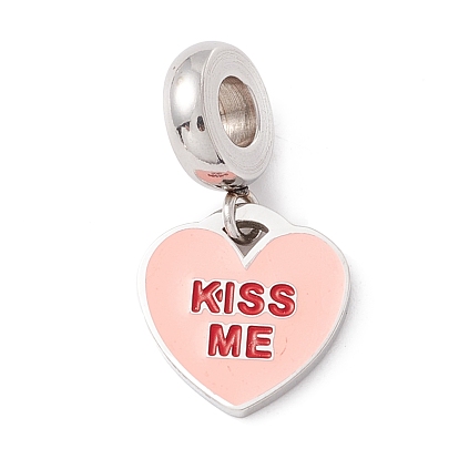 304 Stainless Steel European Dangle Charms, Large Hole Pendants, with Enamel, Heart & Word Kiss Me