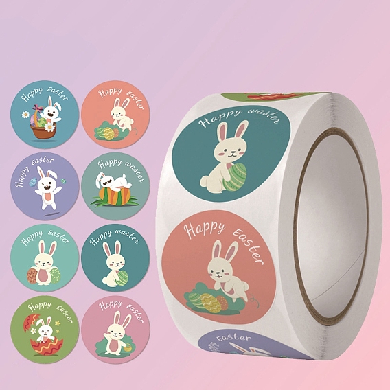8 Patterns Round Dot Easter Theme Paper Self-adhesive Rabbit Stickers, for Gift Sealing Decor