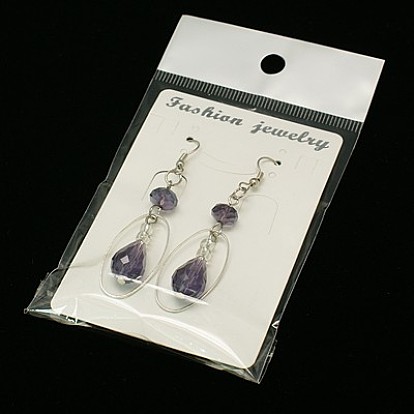 Trendy Glass Teardrop Dangle Earrings, with Brass Oval Rings and Brass Earring Hooks, 64mm