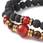 2Pcs 2 Style Synthetic Lava Rock & Natural Red Agate Carnelian(Dyed & Heated) & Tiger Eye Beaded Stretch Bracelets Set, Essential Oil Gemstone Jewelry for Women