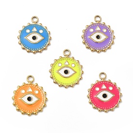 Vacuum Plating 201 Stainless Steel Enamel Pendants, Real 18K Gold Plated, Flat Round with Eye Charm