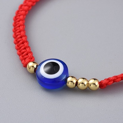 Nylon Thread Braided Bead Bracelets, Red String Bracelets, with Evil Eye Resin Beads and Brass Beads