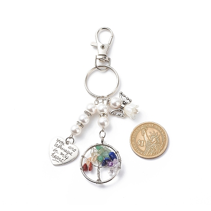 Chakra Tree Of Life Natural/Synthetic Mixed Stone Pendant Keychain, with Pearl Angel Charms and Heart with Word Charms for Woman Man