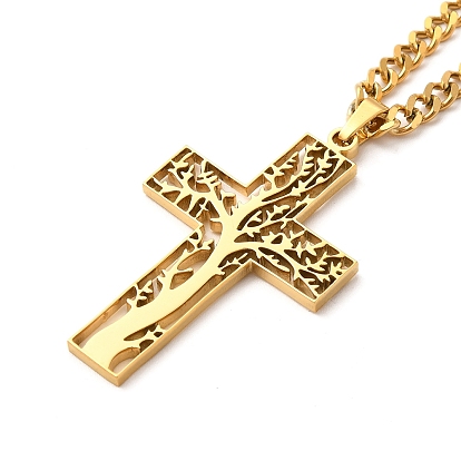 304 Stainless Steel Cross with Tree of Life Pendant Necklaces, Curb Chain Necklace with Lobster Clasps