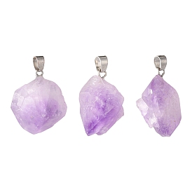 3Pcs Natural Amethyst Pendants, with Platinum Brass Snap on Bails, Nuggets