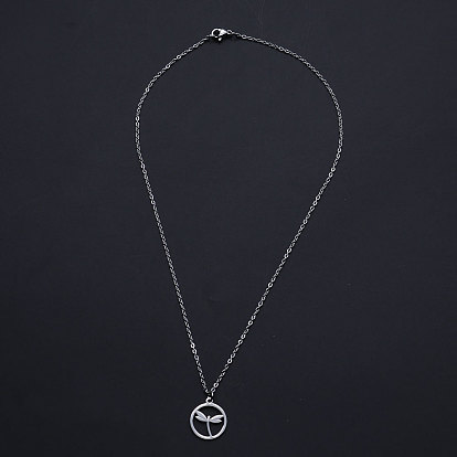 201 Stainless Steel Pendant Necklaces, with Cable Chains and Lobster Claw Clasps, Ring with Dragonfly