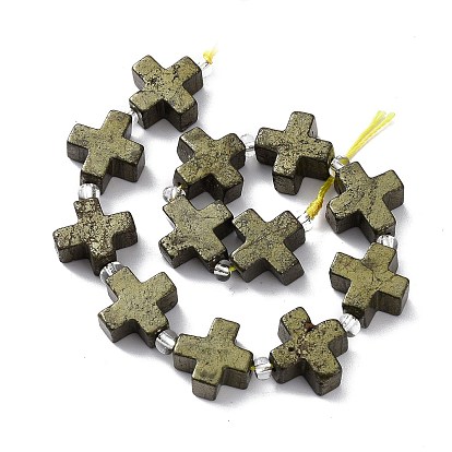 Natural Pyrite Beads Strands, with Seed Beads, Cross