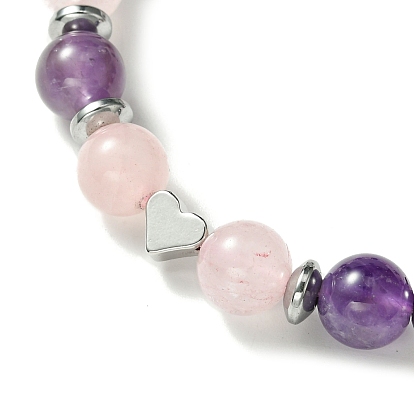 Natural Mixed Gemstone & Brass Heart Braided Bead Bracelet, Adjustable Bracelet for Women