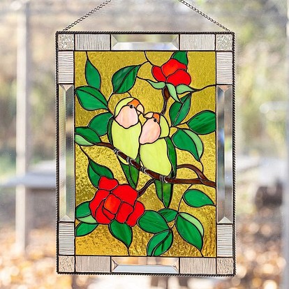 Lovebirds/Flower/Butterfly Stained Acrylic Window Planel with Chain, for Window Suncatcher Home Hanging Ornaments