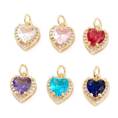 Brass Micro Pave Cubic Zirconia Charms, with Jump Ring, Long-Lasting Plated, Heart, Real 18K Gold Plated