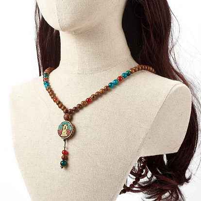 Guan YIN Flat Round Pendant Necklace, 7 Chakra Necklace with Mixed Stone, Wood Beads Buddha Jewelry, Feng Shui Amulet for Wealth Safe