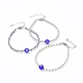 Evil Eye Lampwork Bead Bracelets, with Electroplate Glass & 304 Stainless Steel Beads, Lobster Claw Clasps and Heart Extender Chains, Round