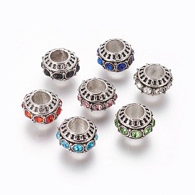 Tibetan Style Alloy European Beads, with Rhinestone, Large Hole Beads, Rondelle